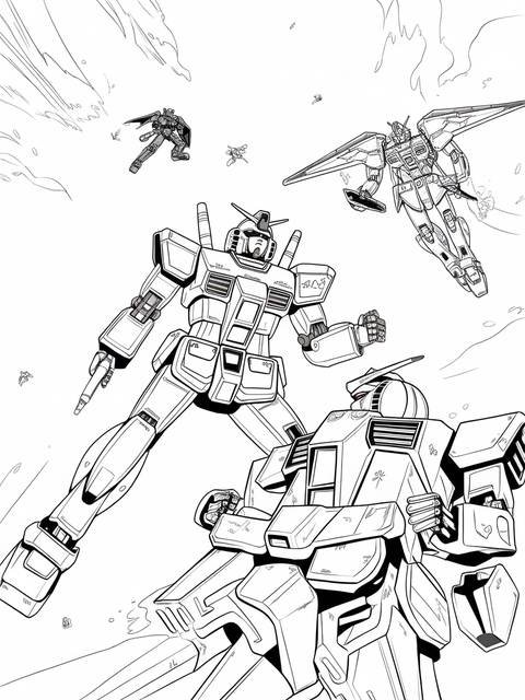 Line art of a massive gundam space battle with multiple mechs engaged