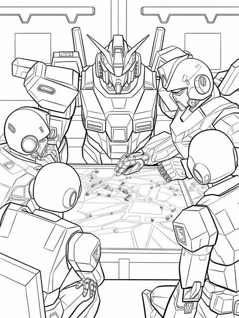 Gundam pilots strategize around a map, part of a gundam team in a planning session