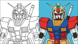 Two-panel gundam coloring page: one outlined, the other colored in vibrant hues