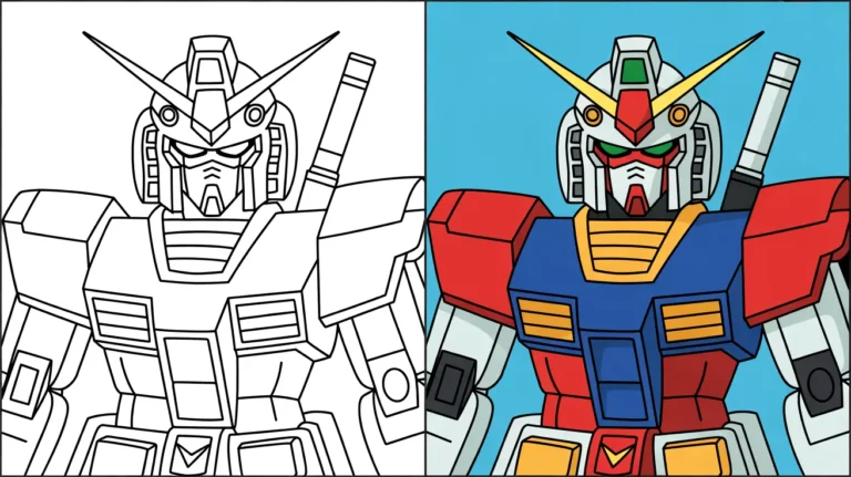 Two-panel gundam coloring page: one outlined, the other colored in vibrant hues