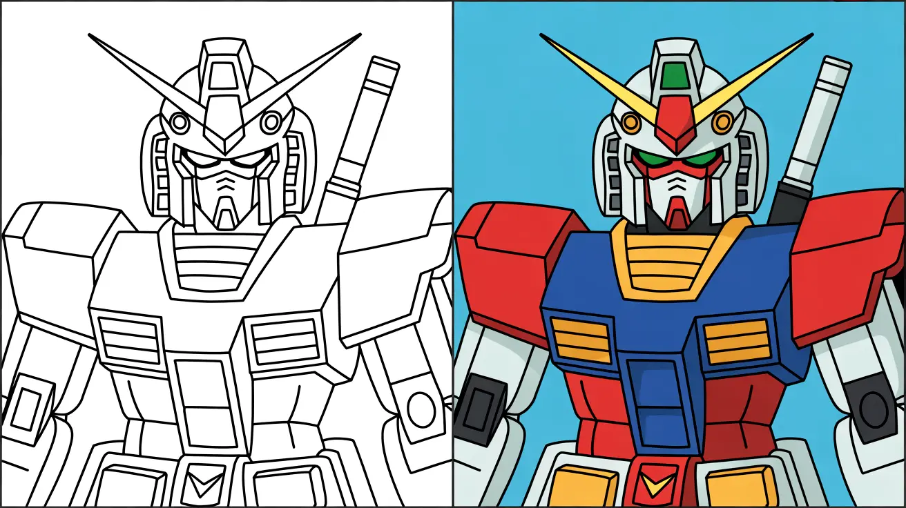 Two-panel gundam coloring page: one outlined, the other colored in vibrant hues