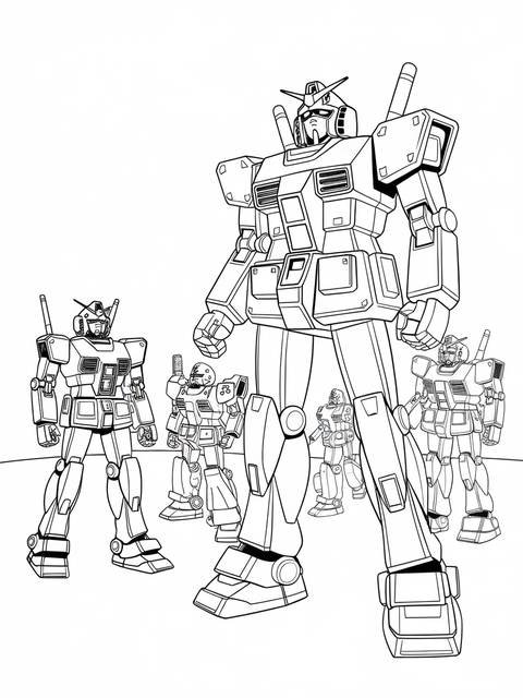 Line art of various gundam models displayed, ready for coloring