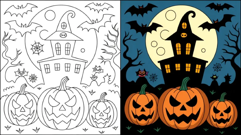 Halloween coloring pages featuring a haunted house, jack-o'-lanterns, and bats