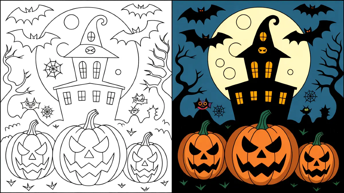 Halloween coloring pages featuring a haunted house, jack-o'-lanterns, and bats