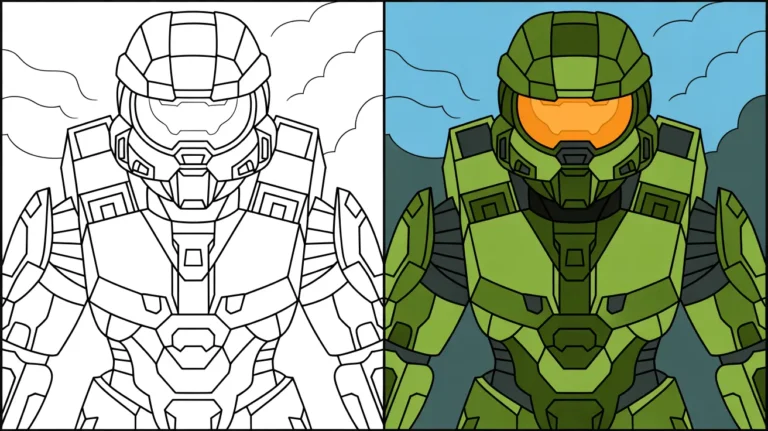 Halo coloring page: a two-panel image of master chief, one colored