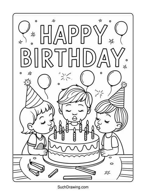 Black and white coloring page of a birthday cake with three children