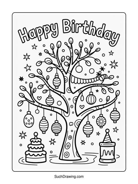 Black and white birthday coloring page with tree, cake, and decorations