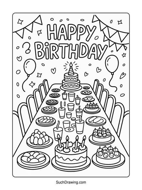 A black and white coloring page of a birthday party scene