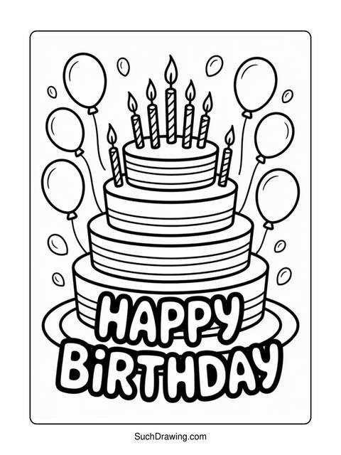 Black and white coloring page of a three-tiered birthday cake with balloons