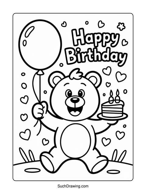 A coloring page of a bear holding a balloon and a birthday cake