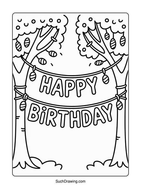 Black and white coloring page with trees and a 'happy birthday' banner