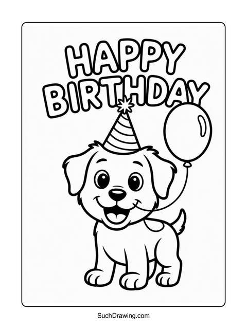 Black and white coloring page of a happy puppy wearing a birthday hat