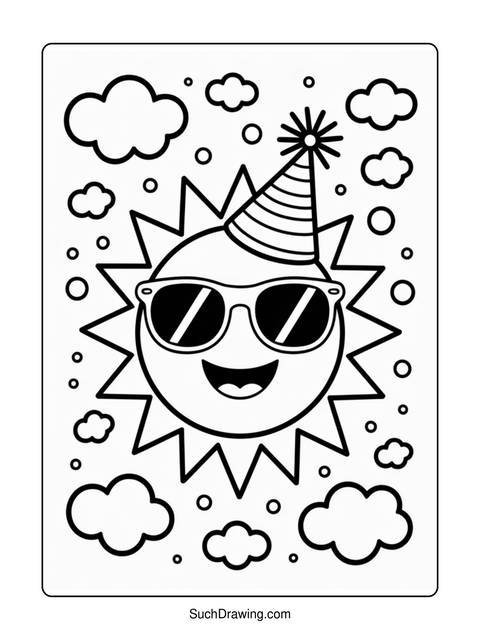 Line art of a smiling sun wearing sunglasses and a party hat