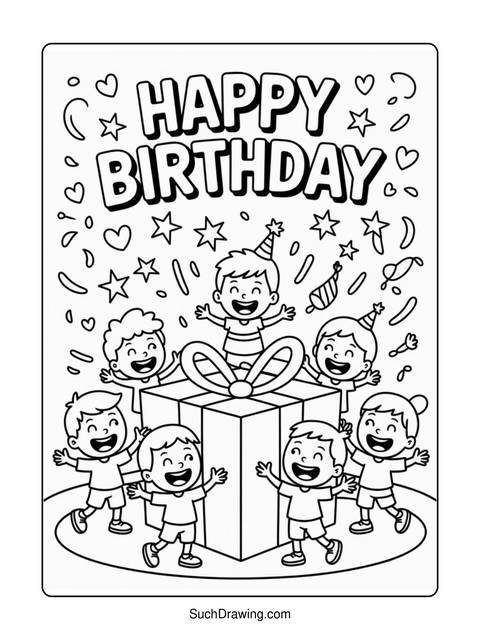 Black and white coloring page of children celebrating a birthday with a gift
