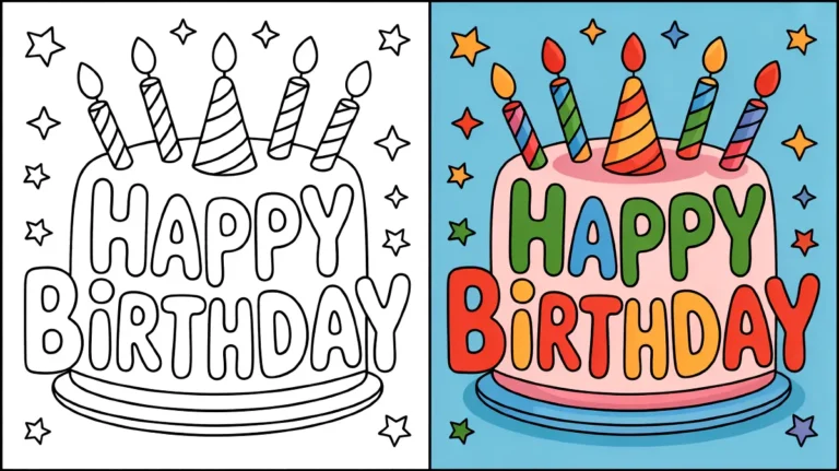 Happy birthday coloring page featuring a cake with candles and star decorations
