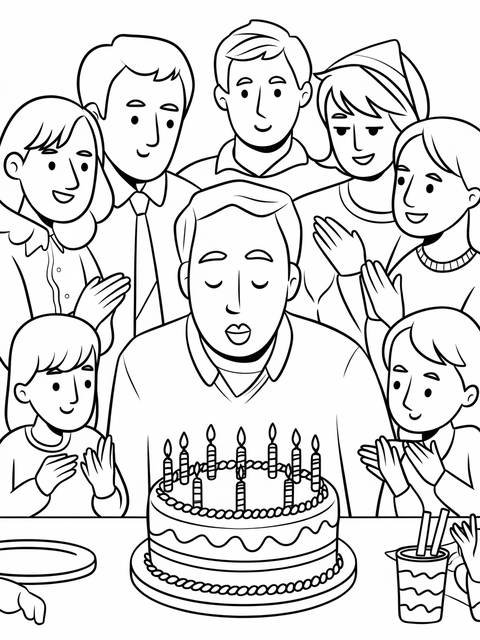 A dad blowing out candles on a birthday cake, surrounded by family
