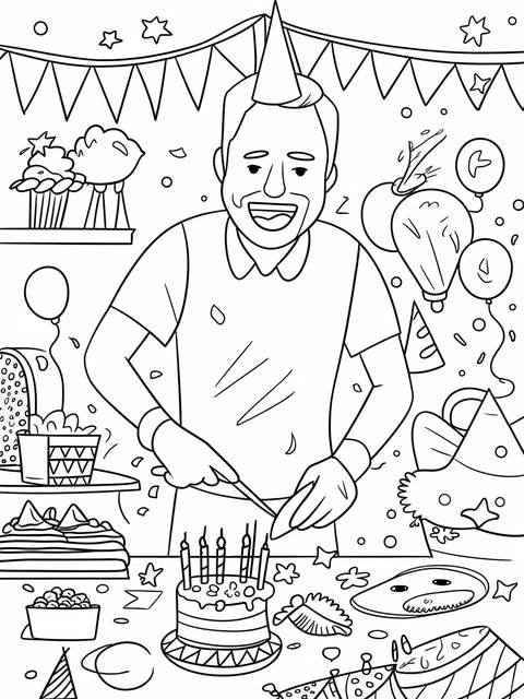 Coloring page of a dad cutting a birthday cake, celebrating his birthday