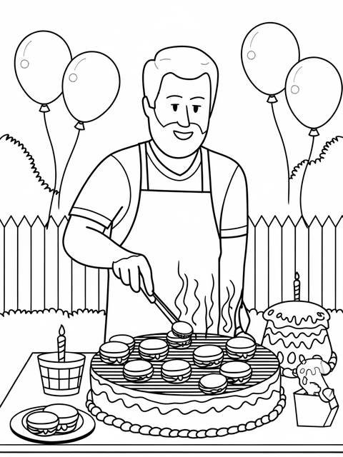 A dad grilling burgers on a birthday cake, with balloons, celebrating