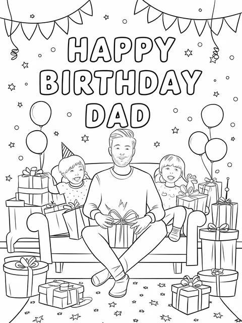 Happy birthday dad coloring page: a dad opening a present surrounded by gifts