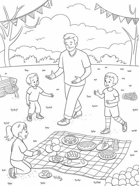 Coloring page depicts a dad playing catch with his children during a birthday picnic