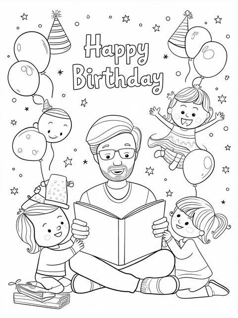 Happy birthday dad: a dad reading with children, balloons, and a party hat