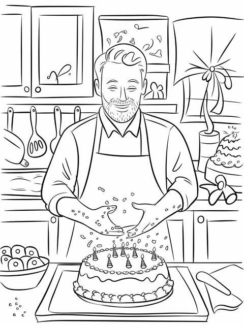 A dad wearing an apron, preparing a birthday cake, for a happy birthday dad celebration