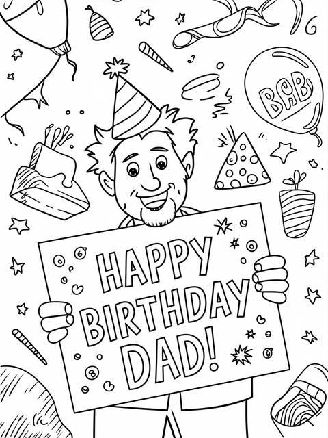 Happy birthday dad coloring page, goofy dad holding sign with party decorations