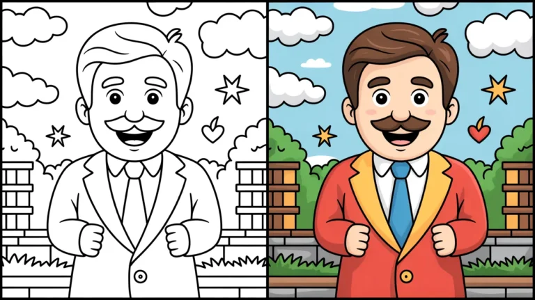 Happy father's day coloring page: a smiling man with a mustache and tie