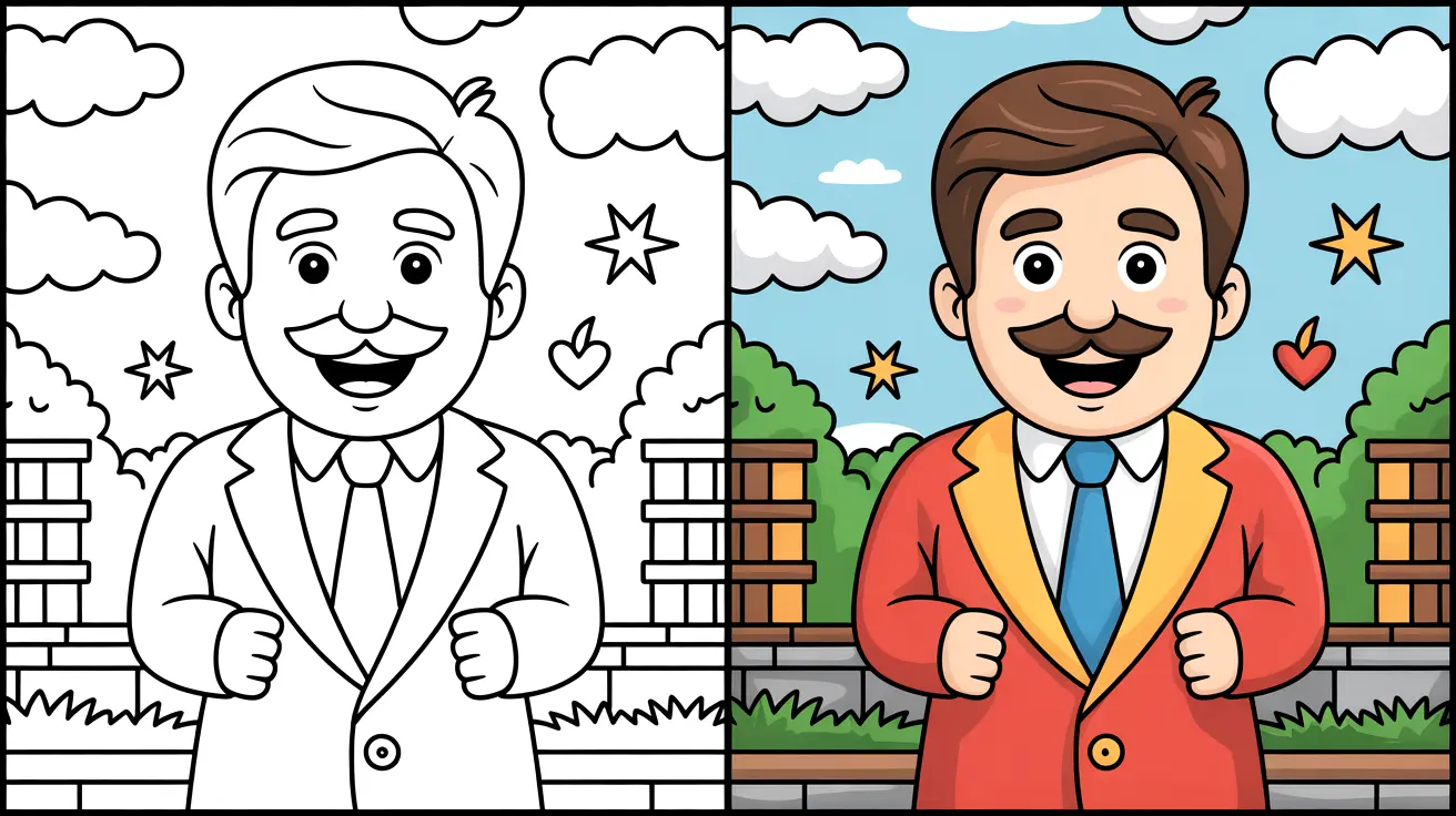 Happy father's day coloring page: a smiling man with a mustache and tie