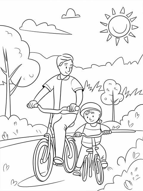 Happy father's day coloring page: a dad and child riding bikes together