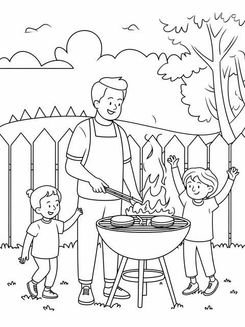 Happy father's day coloring page: dad grilling burgers with excited children