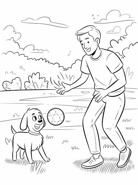 A dad playing catch with a dog and a soccer ball on a sunny day