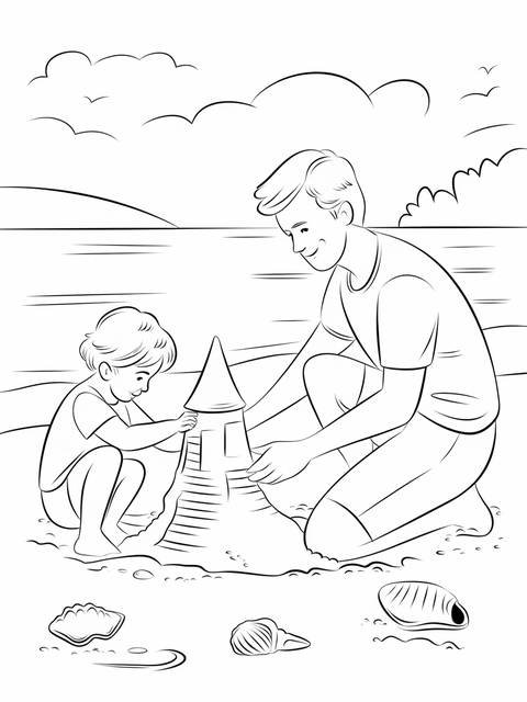 Happy father's day: a father and child building a sandcastle together at the beach