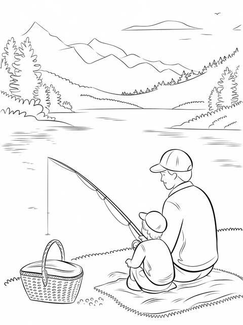 A father's day coloring page depicting a father and child fishing together