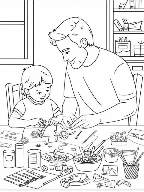 Happy father's day coloring page: a father and child crafting together at a table