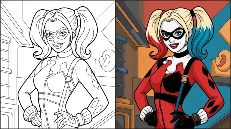 Harley quinn coloring page: a two-panel image, one colored, one outlined