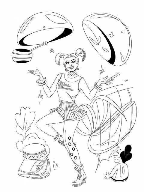 Line art of harley quinn in costume, from a cover, with stylized circus elements