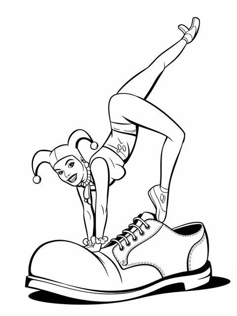Harley quinn balancing on a giant shoe, dressed in a jester outfit