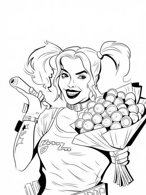 Harley quinn, holding a bouquet and a weapon, from the 'engaged' cover