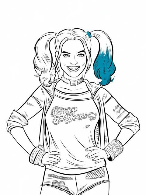 Line art of harley quinn, from a cover, with blue hair and a confident smile
