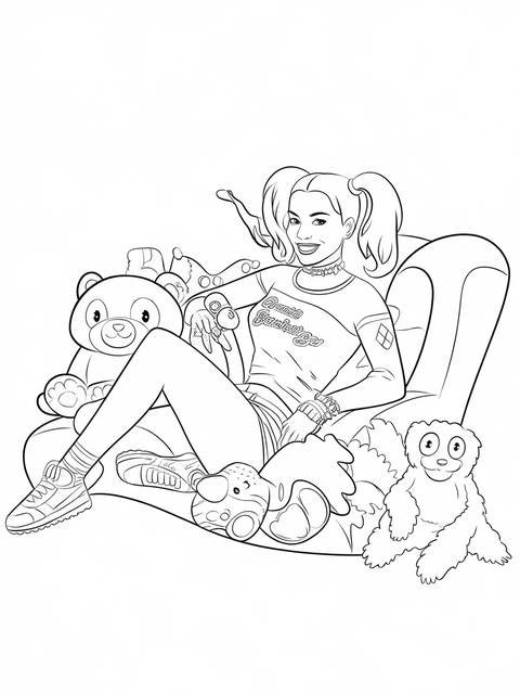 Harley quinn lounging, surrounded by stuffed toys, from a cover illustration