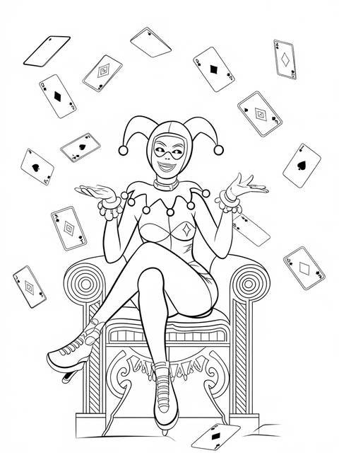 Harley quinn, from the cover, seated, surrounded by playing cards, smiling, in a jester outfit