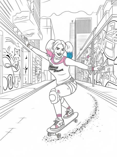 Harley quinn skateboarding in a city scene with graffiti and buildings in background