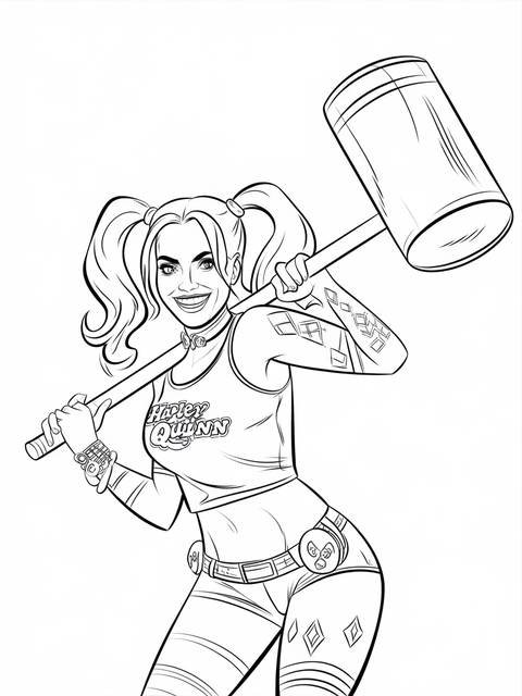 Harley quinn holding a large mallet, ready to swing, from a cover illustration