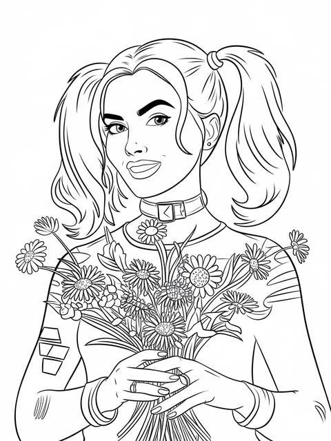 Line art of harley quinn holding flowers, from the 'harley quinn' cover