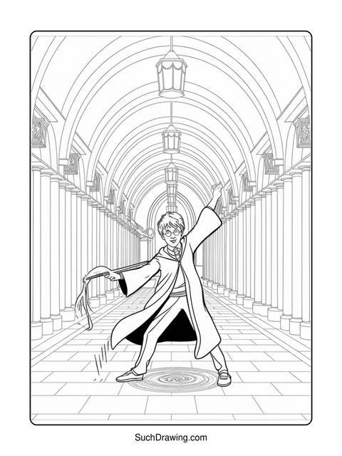 Line art of harry potter in a hallway with a wand