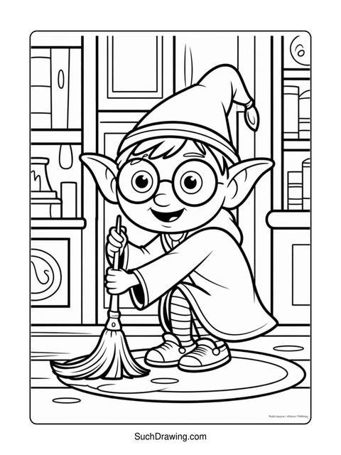 A cartoon elf with glasses and a hat holding a broom