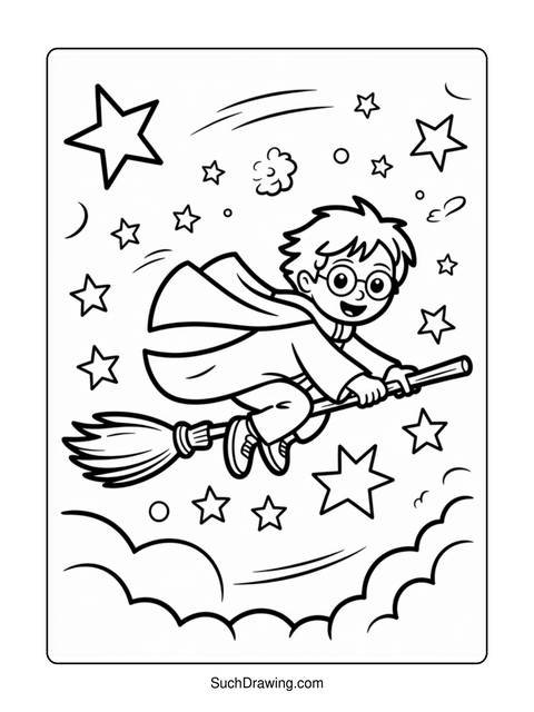 A cartoon boy with glasses flying on a broomstick surrounded by stars