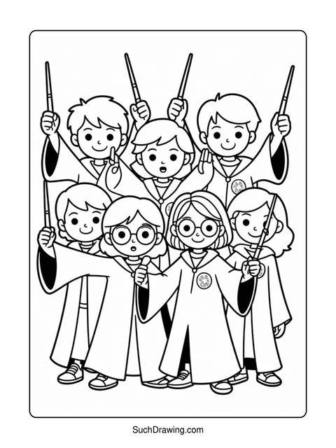 A group of children in robes holding wands, ready for magic