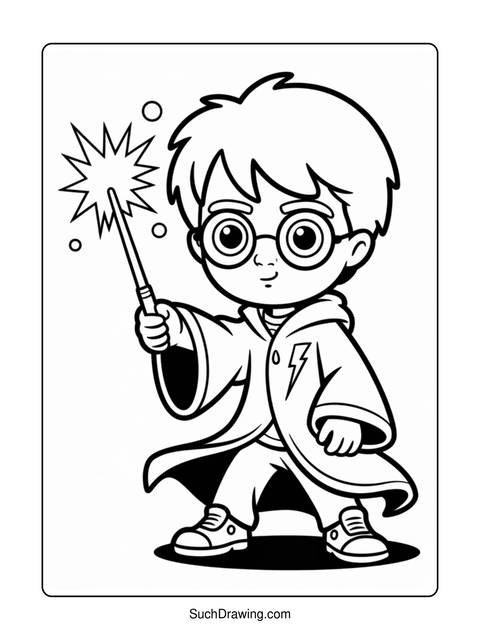 Black and white illustration of a young wizard with glasses holding a wand